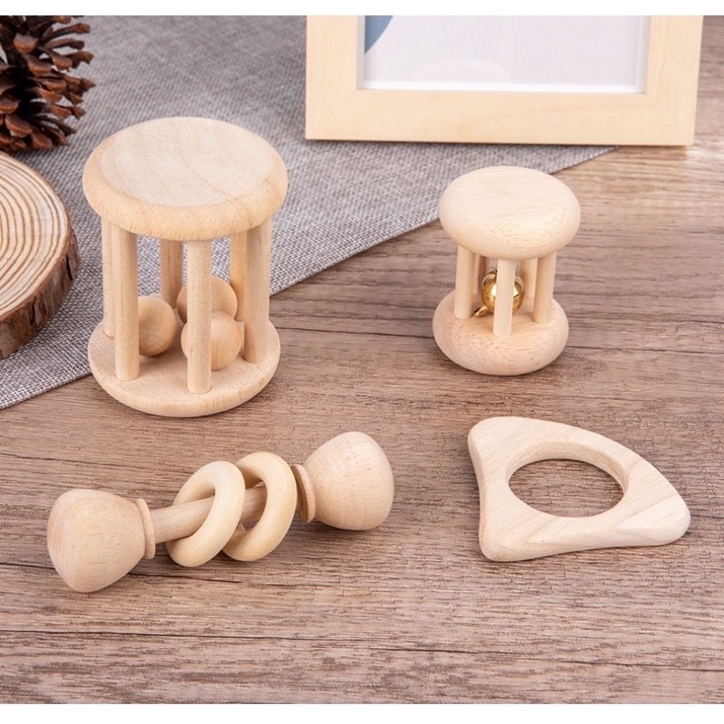 Wooden Baby Rattle Toy Montessori Teething Ring Log Geometric Grab Toy Set mainan genggam bayi