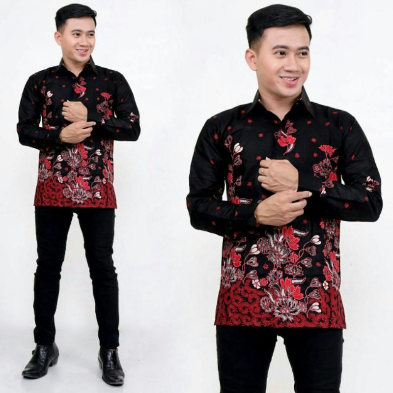 ATASAN KEMEJA BATIK COWOK LENGAN PANJANG HITAM MERAH MOTIF BUNGA JUMBO M L XL XXL KERJA KANTOR MURAH