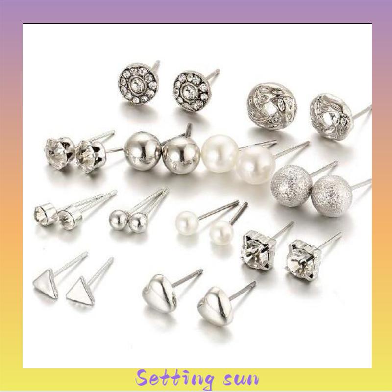 12 Pasang Anting Tindik Berlian dan Mutiara Wanita Korea Bulat TN