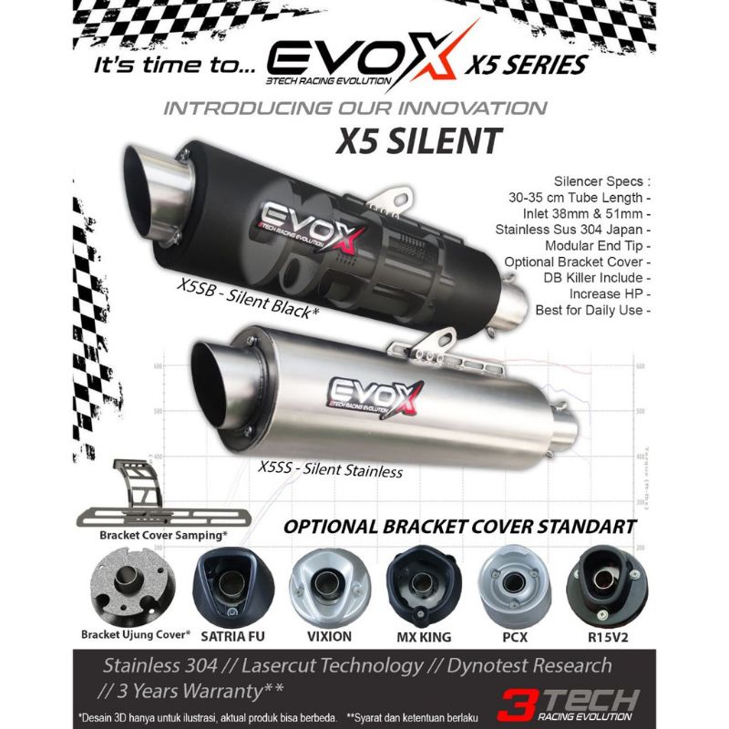 Knalpot racing silent mode EVOX X5 SILENT by 3tech tridente exhaust matic 150-160cc PCX NMAX AEROX D