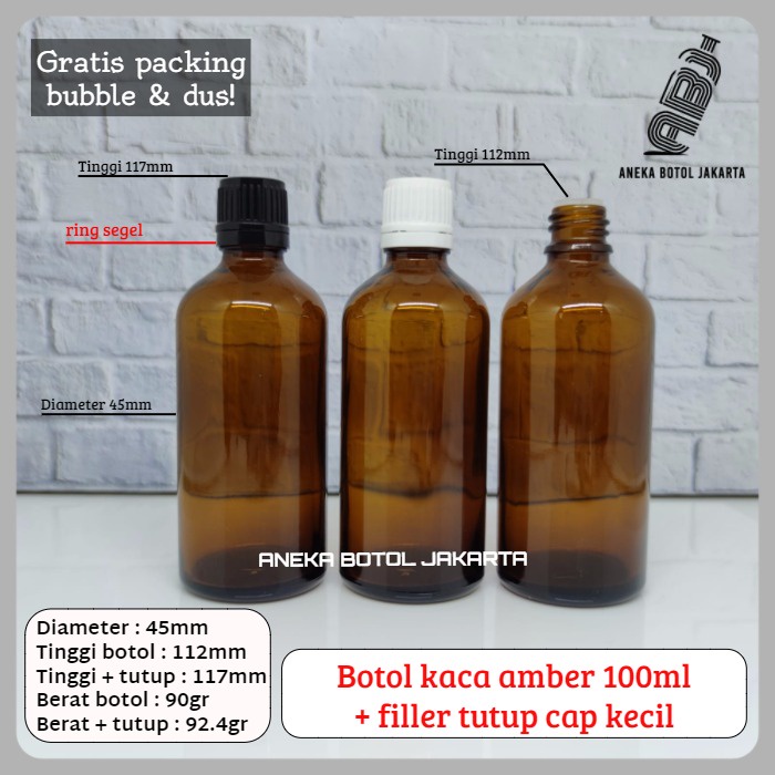 Botol kaca serum amber 100ml filler tetes segel cap kecil