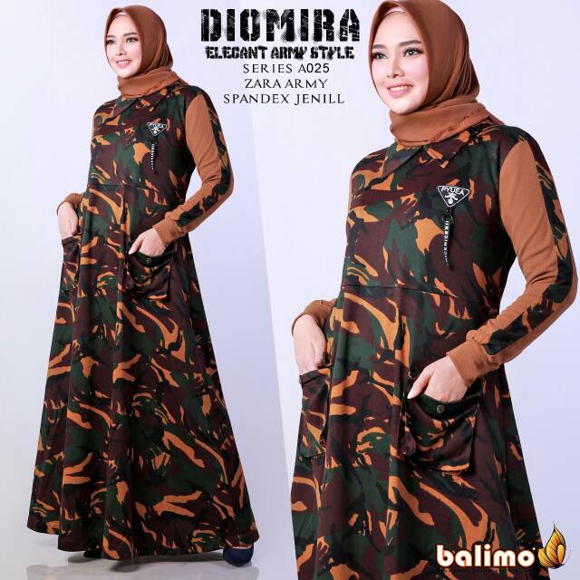 Dress Muslimah Zara Motif Army Diomira Ori Branded by Balimo READY