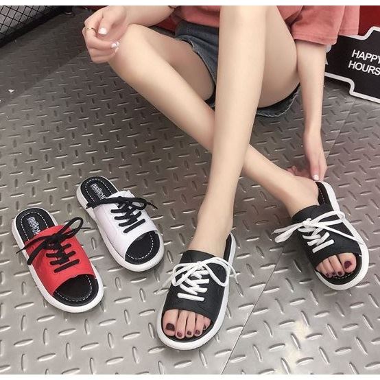 BJS1902 - BLACK/RED/WHITE - Sandal Wanita Cantik Import Terbaru SEPATU SANDAL WANITA SLIP ON MULES TALI FLAT FASHION IMPORT TERMURAH TERLARIS TERBARU BAGSTORE JAKARTA JSS1902