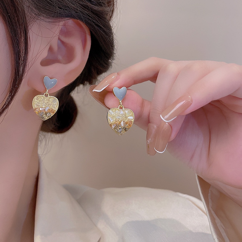 Anting 925 silver needle Bentuk Hati Aksen Kristal Warna Gradasi Untuk Wanita