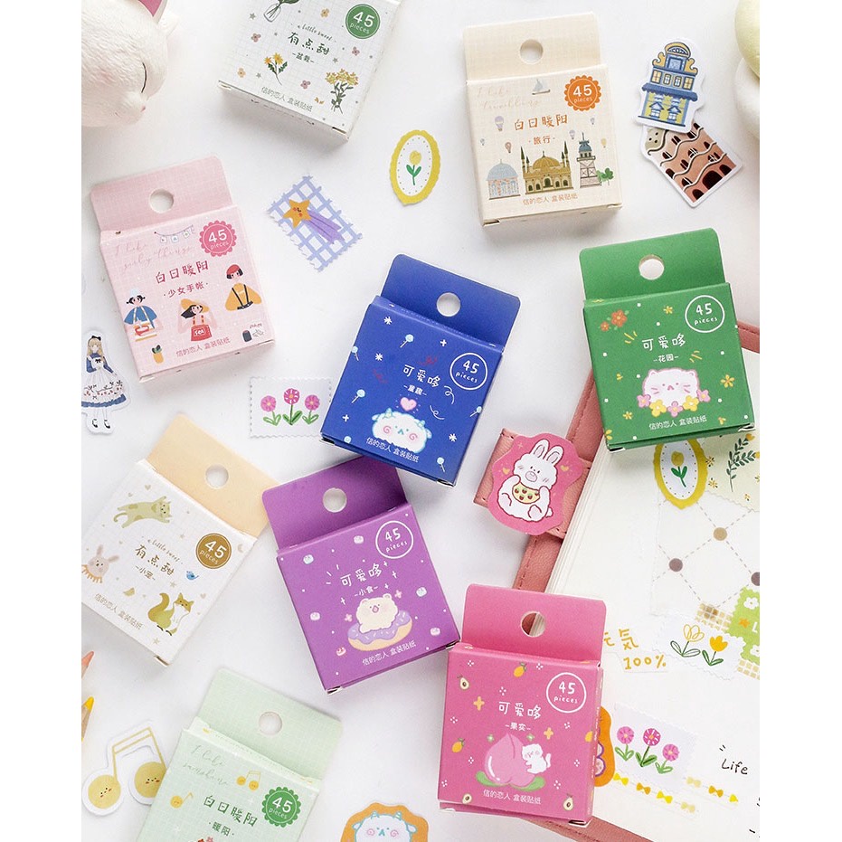 

45 pcs Sticker Box Cartoon 12 Colorfull Aesthetic Scrapbook Jurnal Bujo DIY