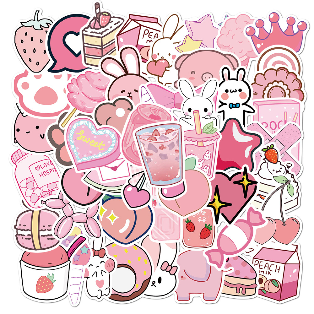 50pcs Stiker Motif Kartun Warna Pink Bahan Pvc Tahan Air Removable Untuk Dekorasi Laptop Kulkas