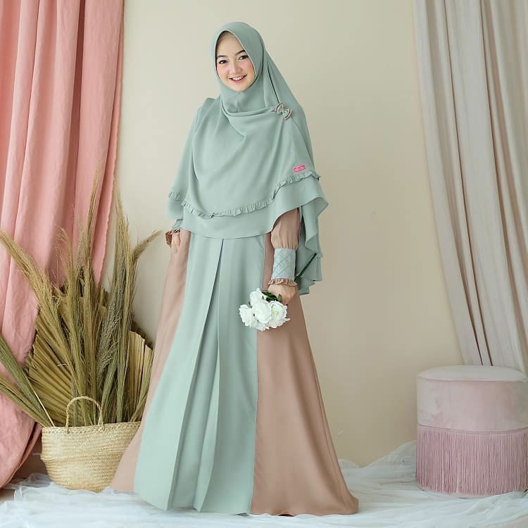 Baju Gamis Nadya Dress Syari + Hijab Khimar Pet Antem Fashion Muslim / Baju Gamis Lebaran Wanita Mus
