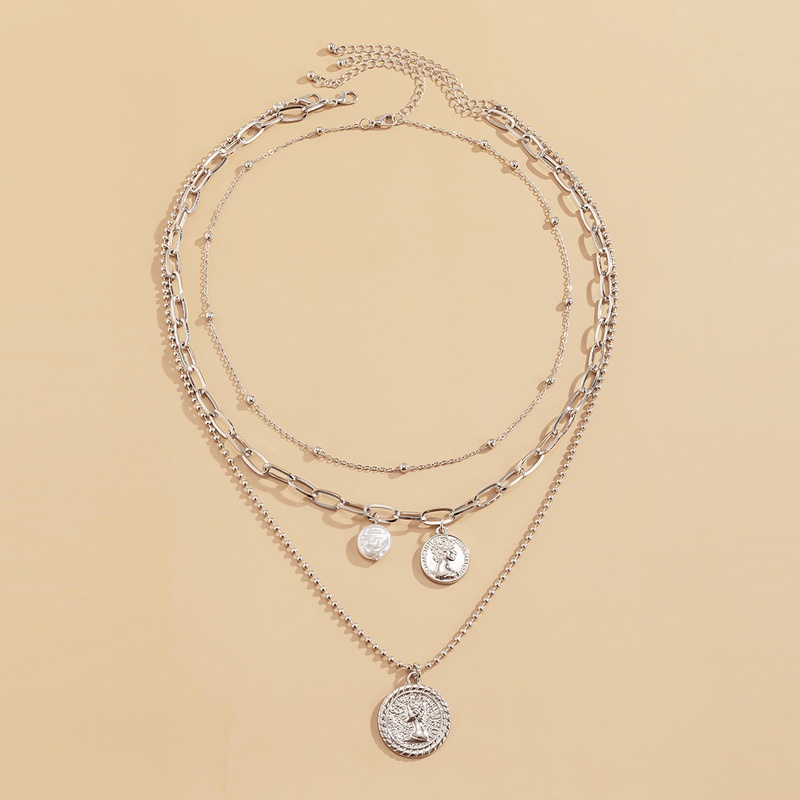 Kalung Rantai Tulang Selangka Tiga Lapis Aksen Mutiara Imitasi Bentuk Bulat Timbul