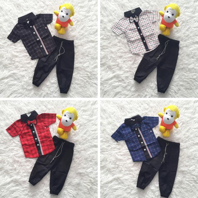 Baju Setelan Anak Bayi Laki-Laki Kemeja Kotak Warna Dasi Kupu Harga Promo Dan Berkualitas