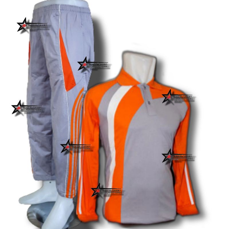 Setelan Kaos Olahraga | Stelan baju Olahraga Lengan Panjang-Abu oren