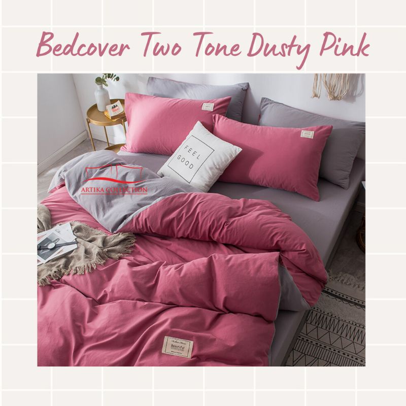 Bedcover Two Tone Dusty Pink Dark Grey Kombinasi Polos Tanpa Embos Aesthetic Ukuran 120x200 160x200 180x200