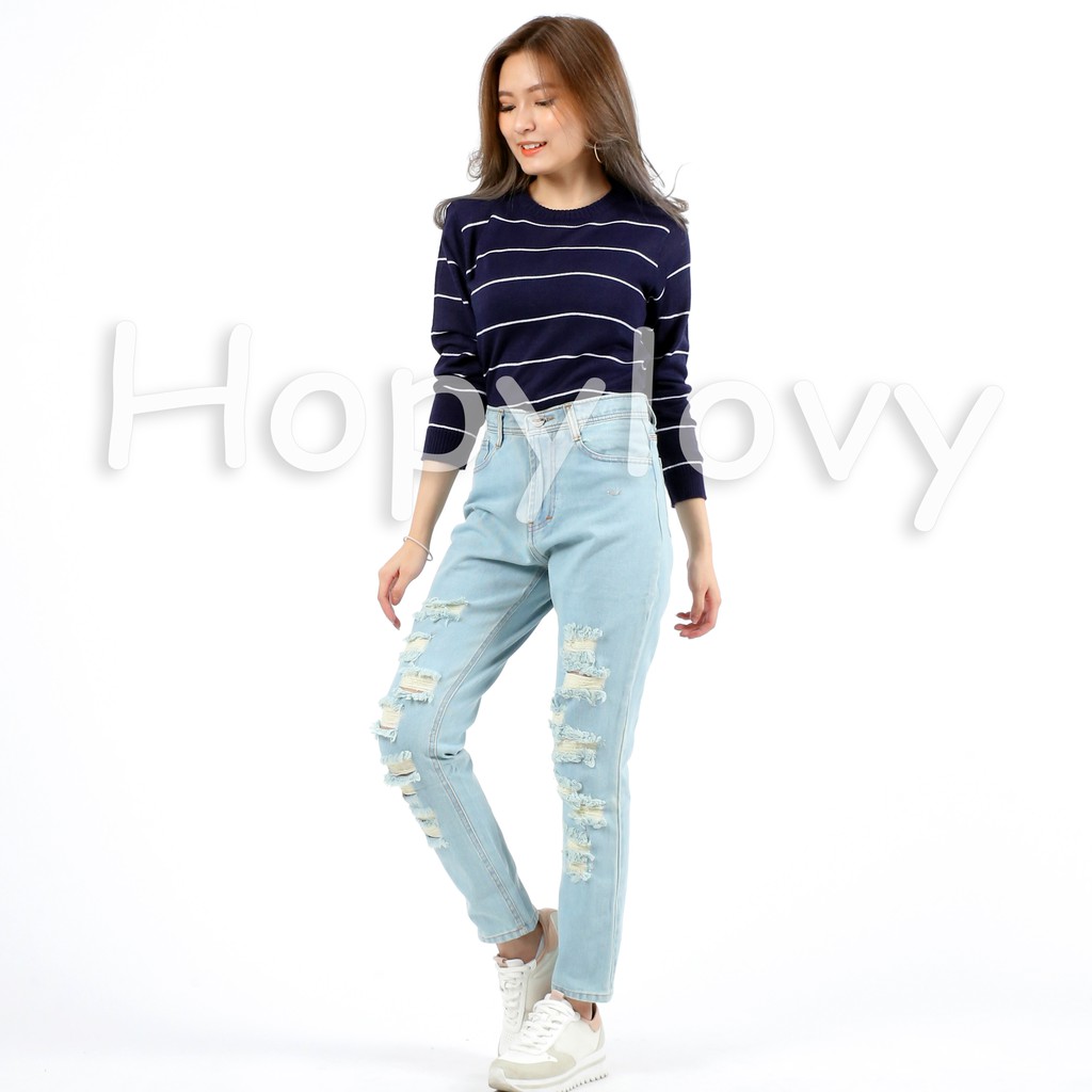 HOPYLOVY - Celana Boyfriend Jeans Wanita Aplikasi Ripped / Sobek Tembus Glen