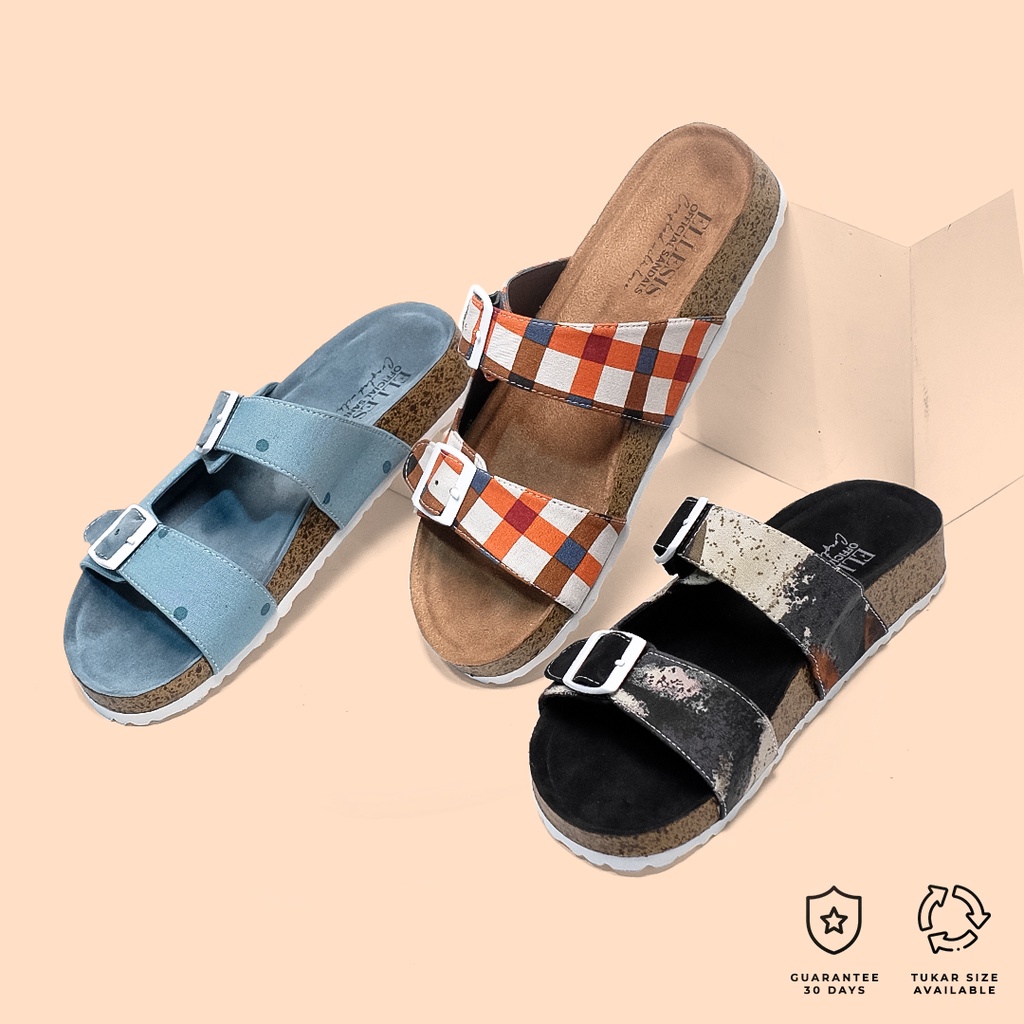 Ellesis Sandal Flat Slip On Wanita Tisha  - Polka Tosca, Paisley Black, Gingham Brown