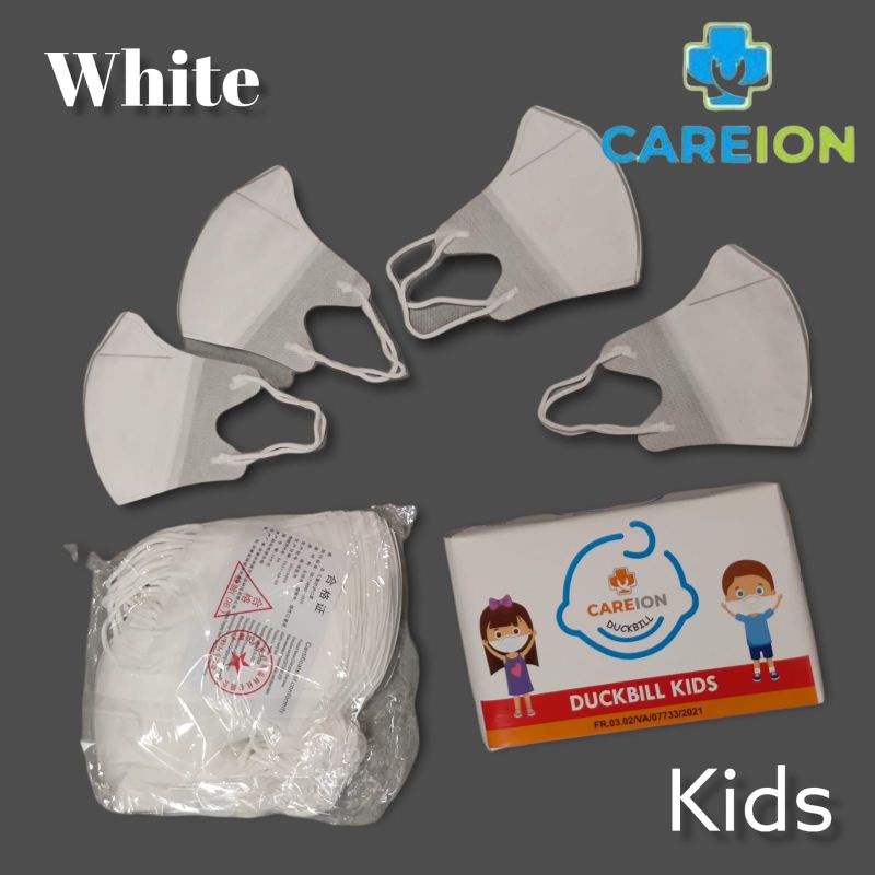 READY STOK MASKER DUCKBILL CAREION CARE ION PUTIH GARIS ANAK EARLOOP ISI 50 LBR 3 PLY