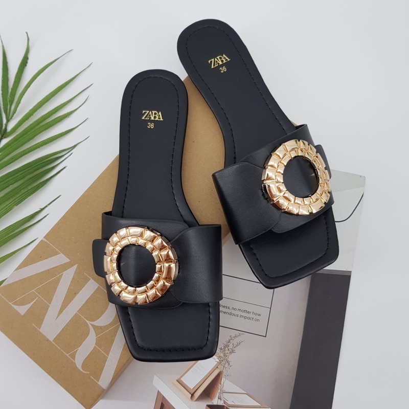 Slip on sandals circle gold gasper by Zara import high quality fashion shoes sandal flat wanita blac