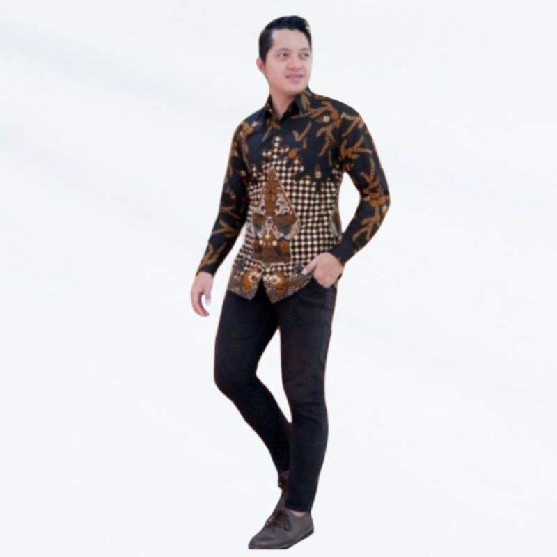 Kemeja Batik Pria Lengan Panjang Terbaru Atasan Baju Cowok Modern Motif Wayang Gunungan Hitam Sogan