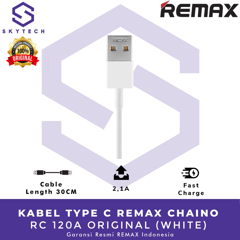 KABEL TYPE C REMAX CHAINO WHITE RC 120A ORIGINAL GARANSI RESMI