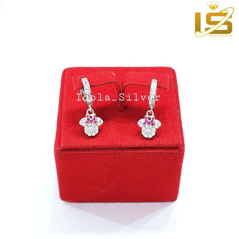 ANTING ANAK PERAK ASLI SILVER 925 LAPIS EMAS PUTIH MODEL JEPIT GANTUNGAN MINNIE MOUSE PITA MICKEY - PERHIASAN ANAK