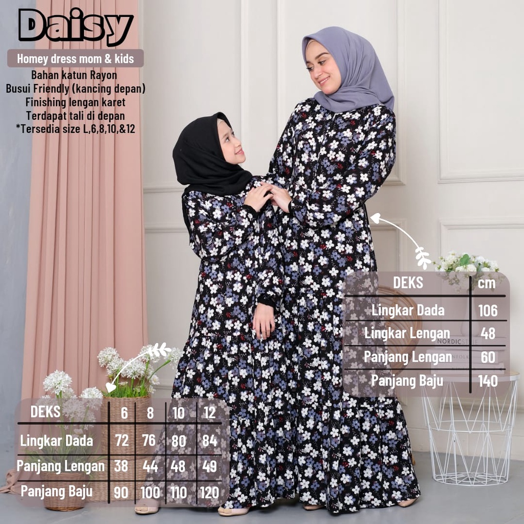 New_ (2)Daisy Dress Mom &amp; Kids-Gamis Katun Rayon Premium/Homey Dress Dewasa Jumbo-Motif Bunga-Nyaman dipakai