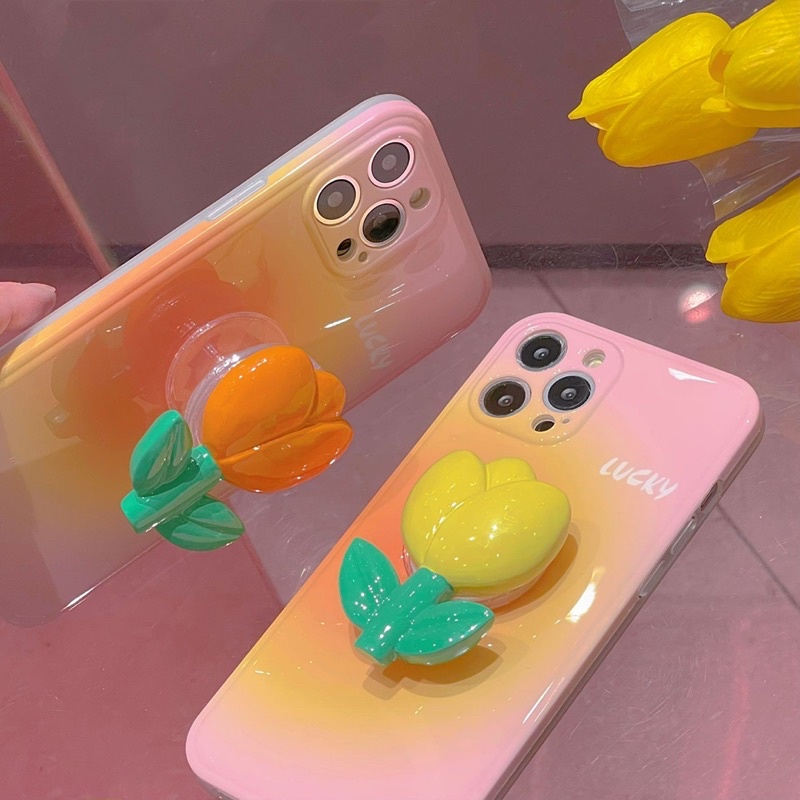 Pinky Orange Softcase With Tulip Holder for Case HP Lucu for iphone XS Max XR 11 Pro Max 12 Pro Max 13 Pro Max