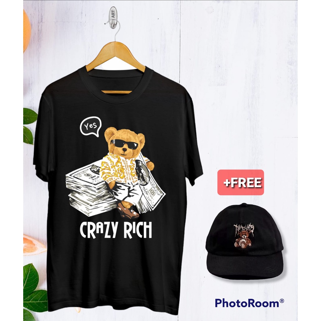 KAOS OVERSIZE BAJU TEDY BEAR CRAZY RICH  DISTRO KAOS PRIA DAN  WANITA GRATIS TOPI TEDY BEAR