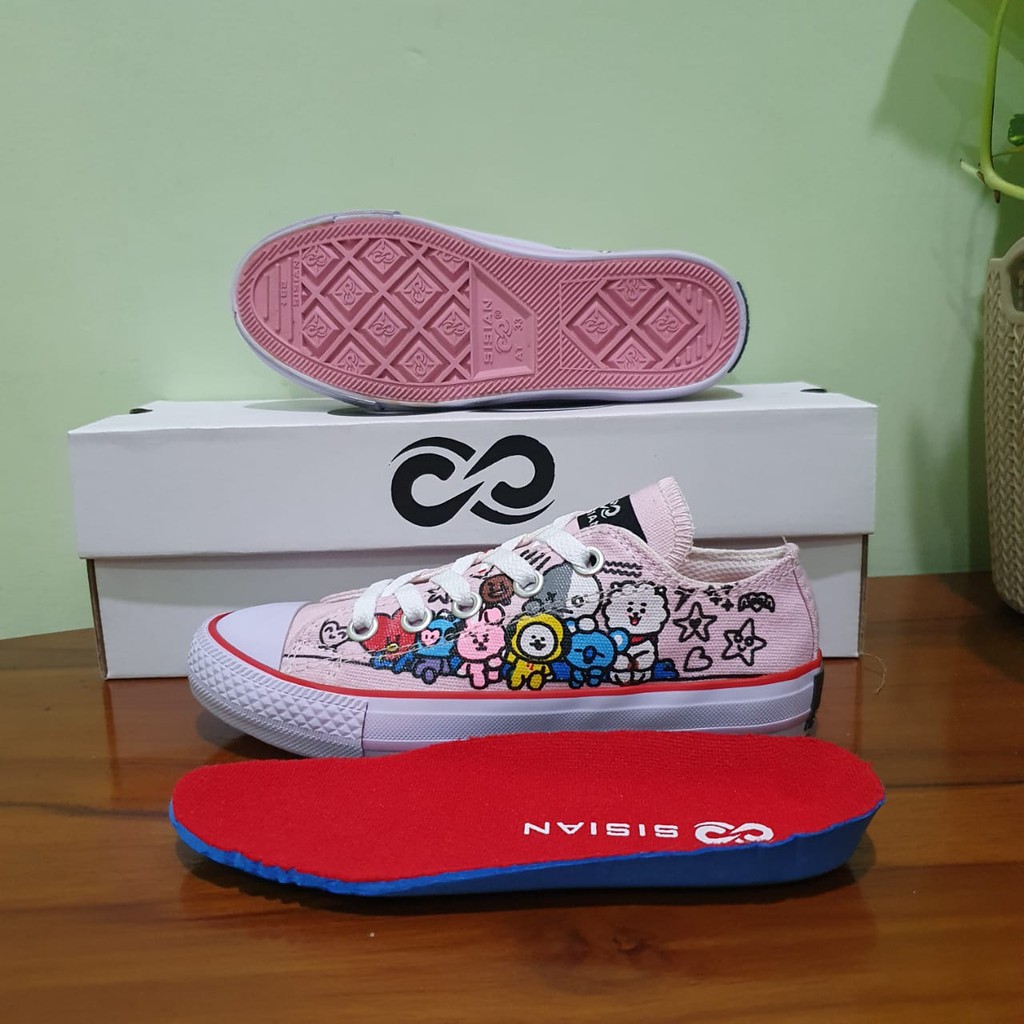 Sepatu Anak Perempuan Cewek Tk Sd Kartun Bts Bt21 Sneaker Tali Umur 5 6 7 8 9 10 Tahun Pink Biru Mer