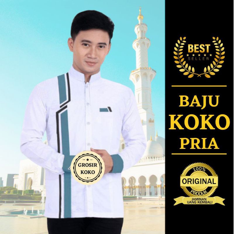 Promo Baju Koko Pria Lengan Panjang Putih Terbaru Motif Petir Kemeja Koko Hadroh Taqwa Premium Size 