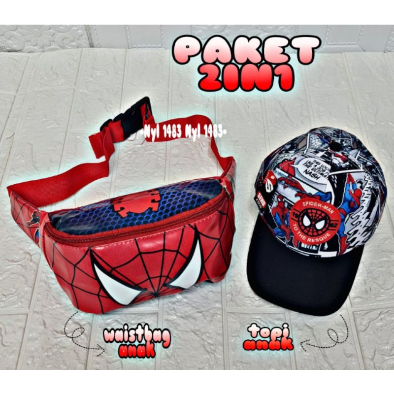 ( COD )Paket 2in1 Tas waistbag anak Karakter Boboiboy &amp; superhero + topi baseball anak