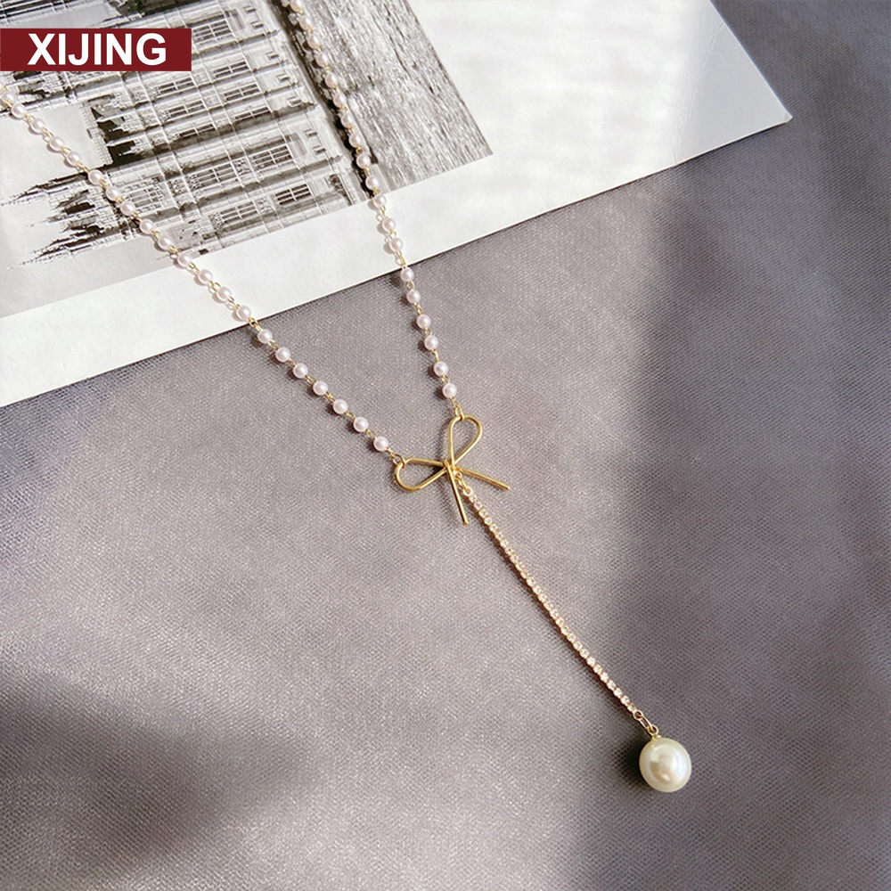 【COD Tangding】Bowknot Pearl Pendant Necklace Women Temperament Simple Clavicle Long Style Chain Korea Fashion Accessories Jewelry