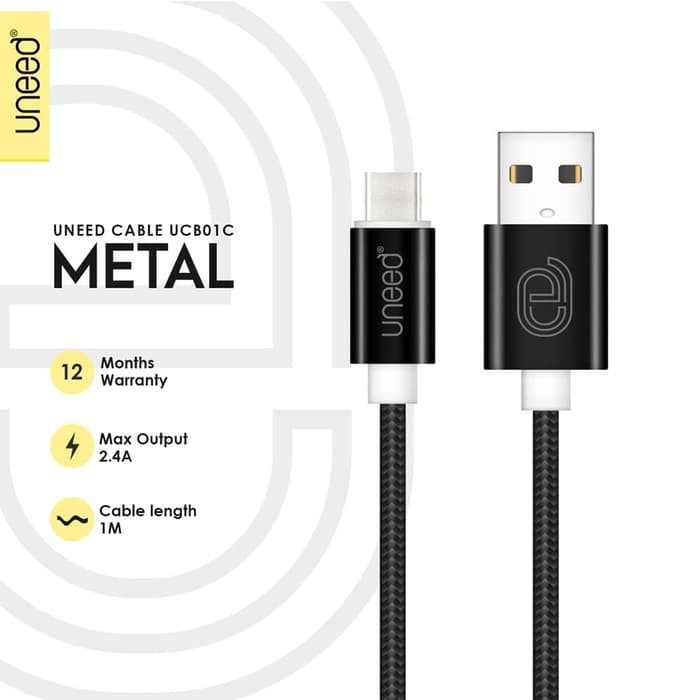 Uneed Metal Kabel Data Type C 1 meter MAx Current 2.4A - UCB01C - Black
