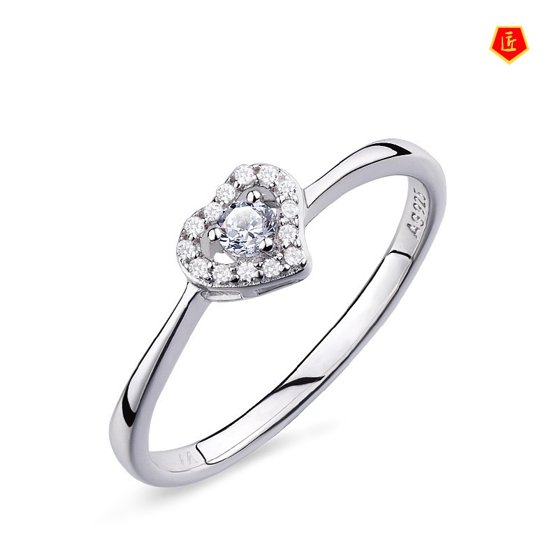 [Ready Stock]Women's Simple Personality Diamond Heart Shape Silver Ring