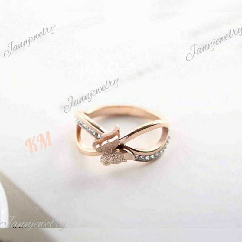 Cincin Titanium Asli Anti Karat &amp; Alergi Butterfly Kupu-Kupu Permata Zircon