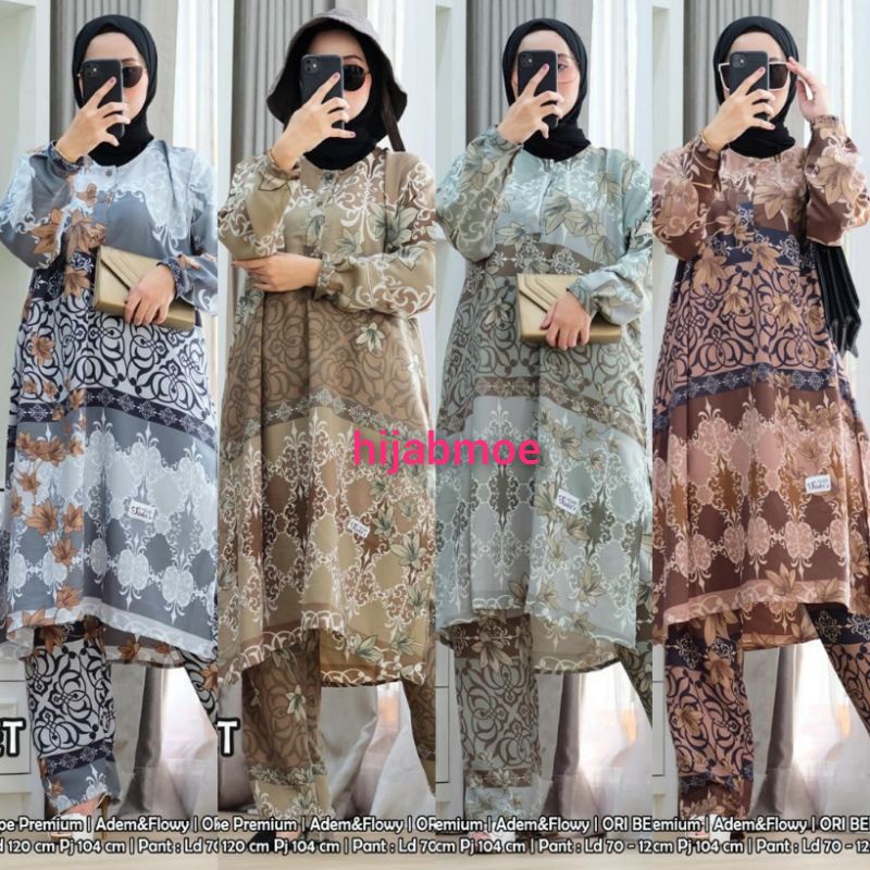 Hijab Sisters Zoya One Set Setelan Wanita Prada Crepe Motif Celana Kulot LD 120 Ori Berlabel