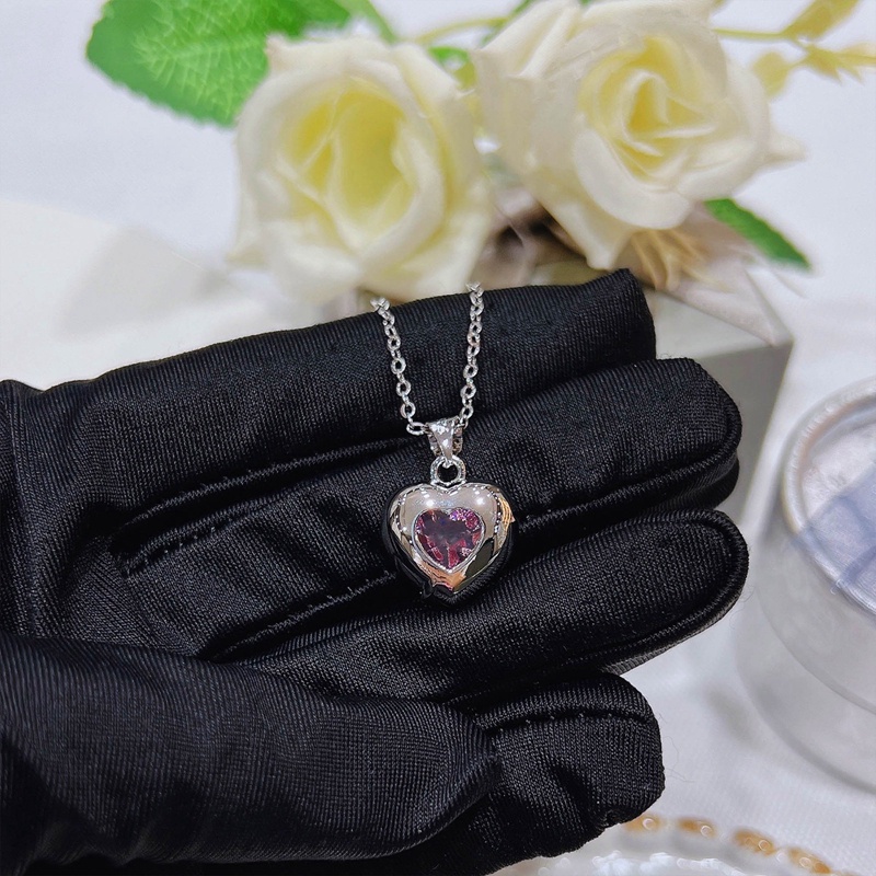 Kalung 925 Silver Bentuk Hati Aksen Berlian Warna Pink Untuk Wanita