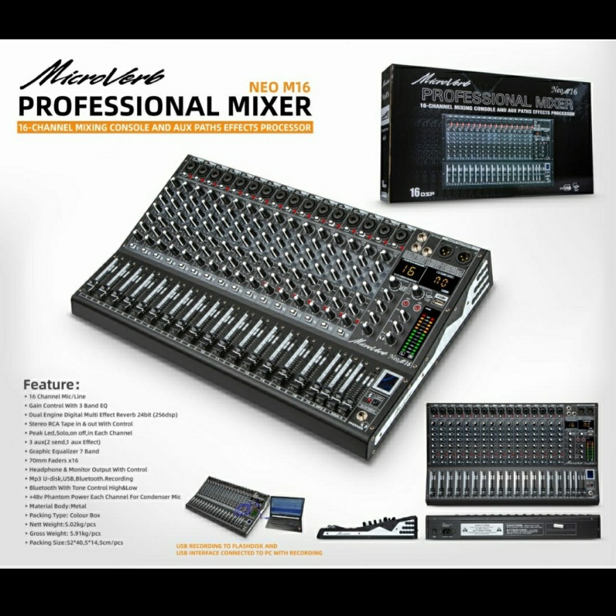 MIXER AUDIO MICROVERB NEO M16 16CH USB-BLUETOOTH RECORDING-SOUND CARD