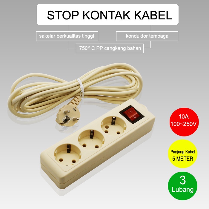 PAGODA Stop Kontak Listrik 3 Lubang Colokan + Kabel 1.5 Meter / 3 Meter / 5 Meter