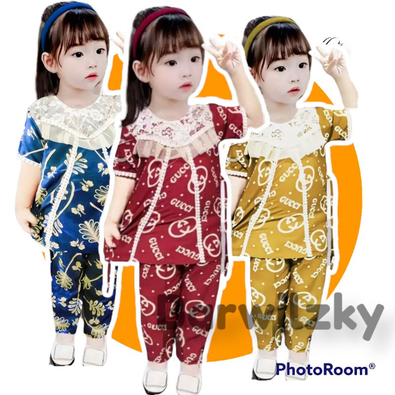 Setelan Celana Brokat S M L Renda Motif GC Brokat Anak 1 - 6 Tahun One Set Tali Belakang Setelan Cel