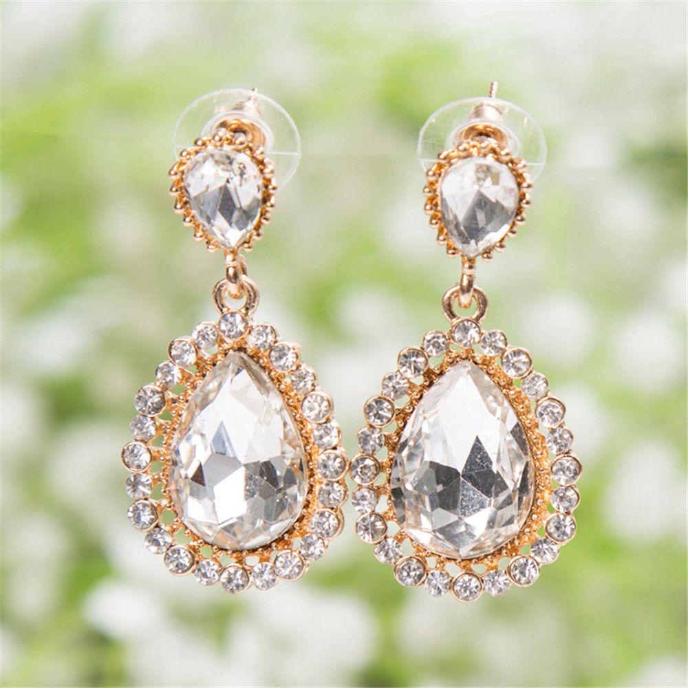 Lily Water Drop Rhinestones Earrings Shiny Female Full Drilling Anting Panjang