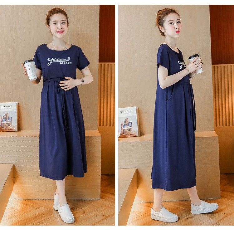 Hyren.id P25 Dress Ibu Hamil Menyusui Katun Import Baju Terusan Maternity Murah Fashion Santai Abu Navy