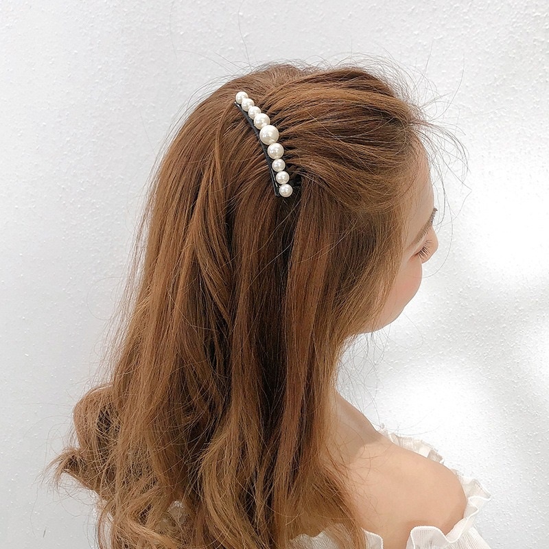 Sirkam Sanggul 10.3cm Import Rambut Modern dengan Aksesoris Mutiara Warna Hitam 7 Taring Pearl Hair Comb