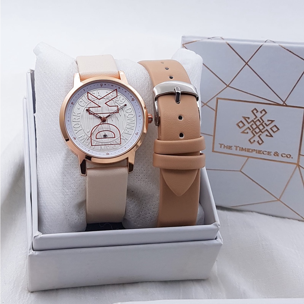 JAM TANGAN WANITA DKNY 9819 TALI KULIT TANGGAL AKTIF FREE STRAP 1 PCS DIAMETER 3,5 CM + BOX EXCLUSIV