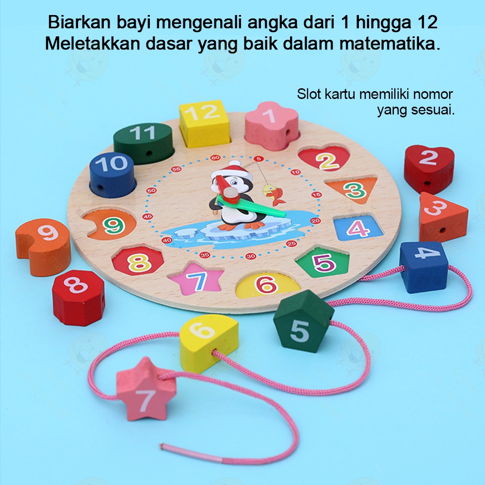 Poney Mainan edukasi jam kayu penguin beaded clock jam geometri