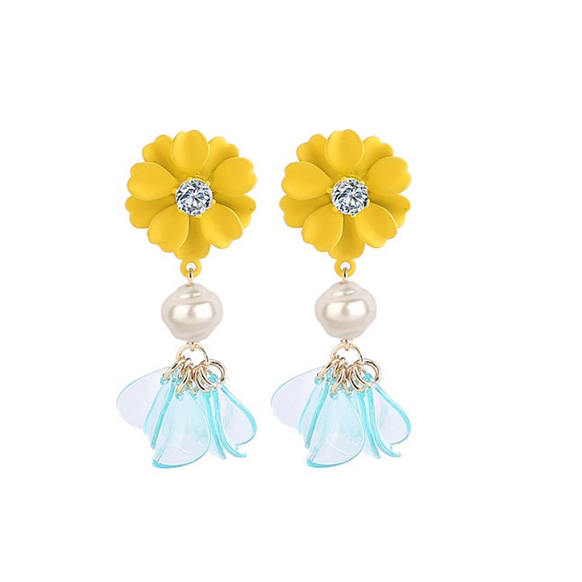 LRC Anting Tusuk Fashion Blue Flower Resin Pearl Earrings D96555