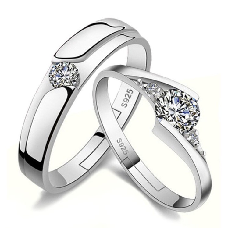 Cincin Couple Anti Karat Lapis Emas Putih 18K White Gold Kristal Zirconia Silver S925 Lamaran Tunang