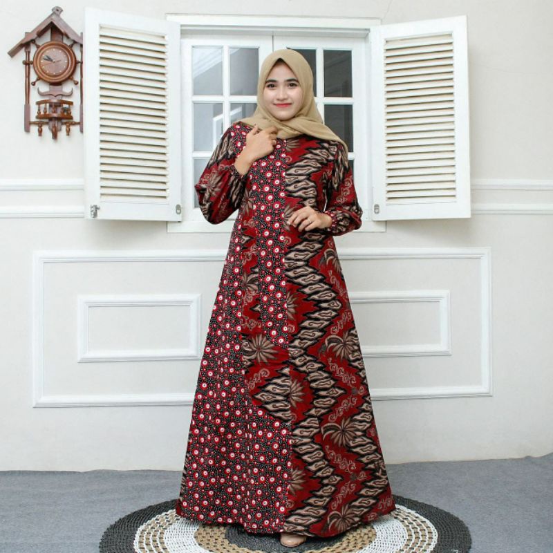 COUPLE BATIK TOYOBO JUMBO LD 110 120 CANTIK BUSUI SARIMBIT JUMBO MAXI DRESS MEGA MENDUNG HIJAU BOTOL MAROON NAVY-GAMIS S MEGA MAROON