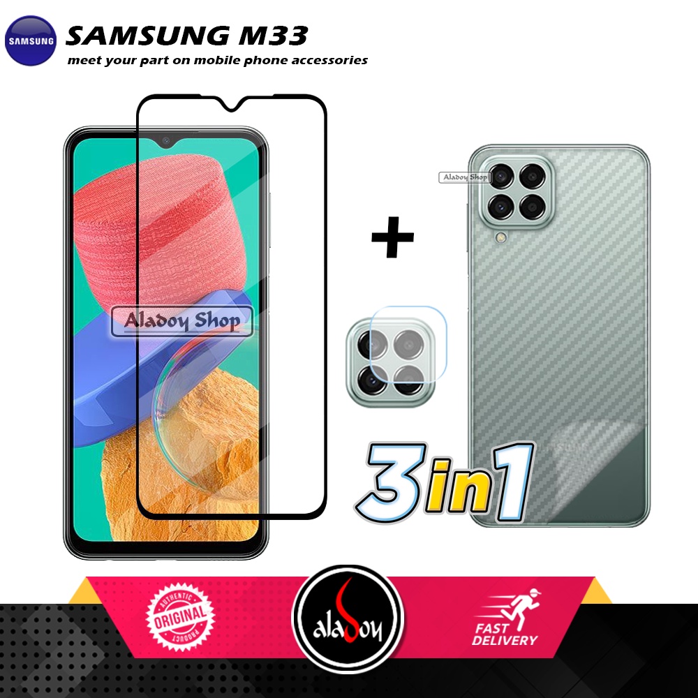 PROMO 3 IN 1 PAKET Tempered Glass SAMSUNG M33 2022 Free Tempered Glass Camera dan Skin Carbon