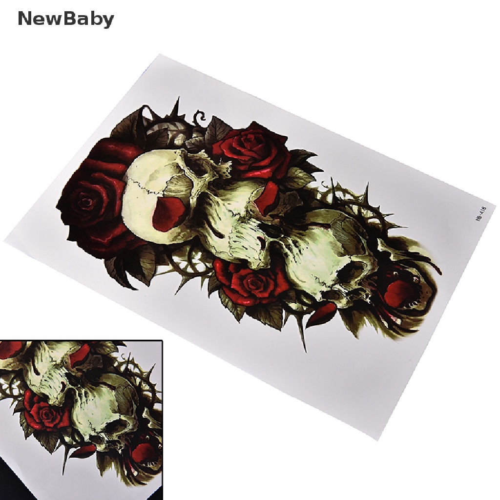Newbaby Stiker Tattoo Temporer Motif Tengkorak + Bunga Mawar Anti Air Untuk Lengan / Tubuh Bayi