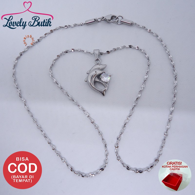 Lovely Twin Dolphin Kalung Titanium Wanita - SILVER