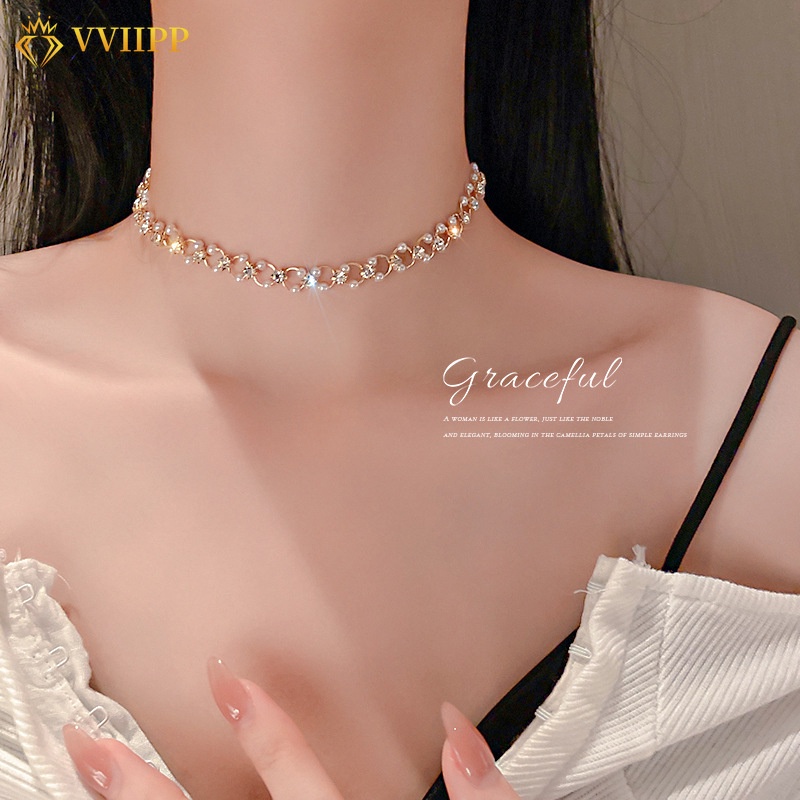 Kalung Rantai Choker Hias Mutiara Berlian Bahan Alloy Warna Emas Untuk Wanita