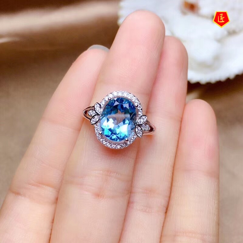 [Ready Stock]Fashionable Temperament Micro-Inlaid Oval Blue Topaz Ring